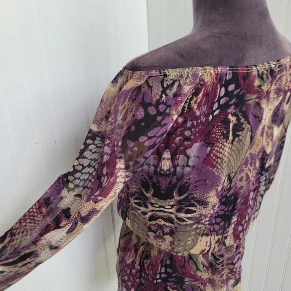 M-Label Women Pink Purple Beige Chiffon Floral Shirt Blouse BOHO Off Shoulder XS - Picture 2 of 10